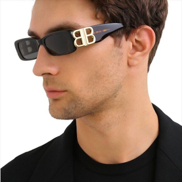 NEW Balenciaga  BB0096S 002 Havana Gold Logo Green Square Unisex Sunglasses - Picture 1 of 13